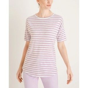 Chicos Women's Purple Metallic Elbow Sleeves Classic Fit Lurex Striped Tee Sz LG